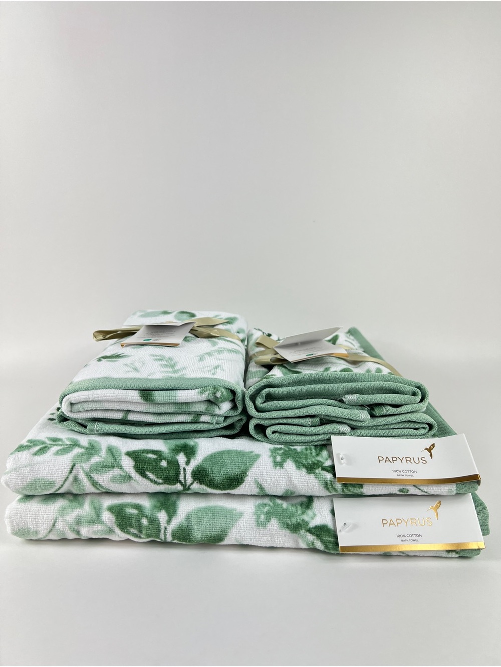 Papyrus Bath Towel Set Green White Floral Botanical Soft Cotton Velour 6 Pc NEW